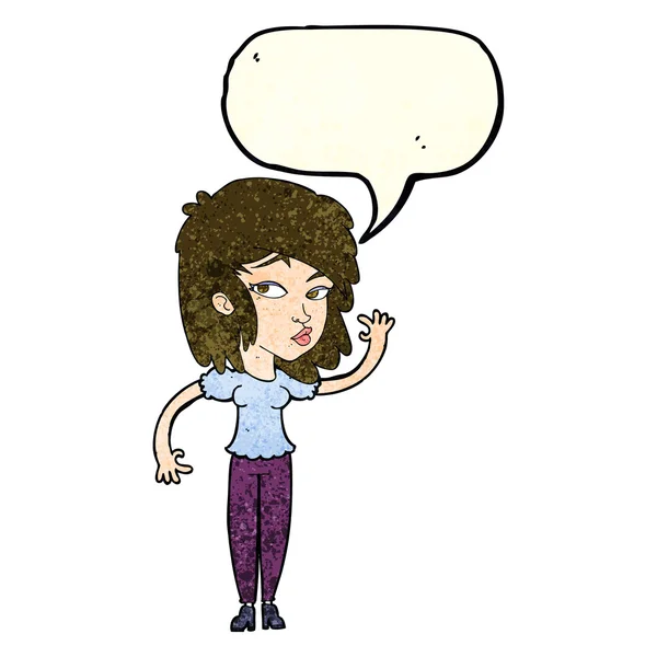 Karikatur hübsche Frau winkt mit Sprechblase — Stockvektor