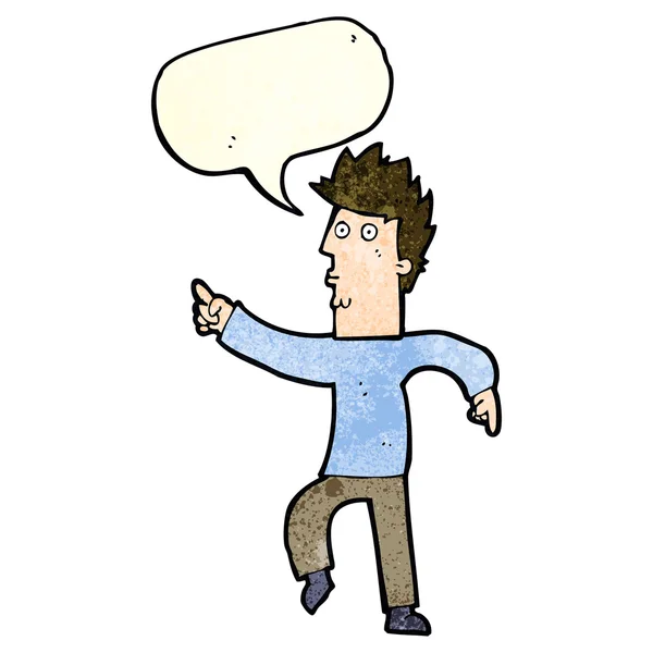 Cartoon worried man pointing with speech bubble — Stock Vector