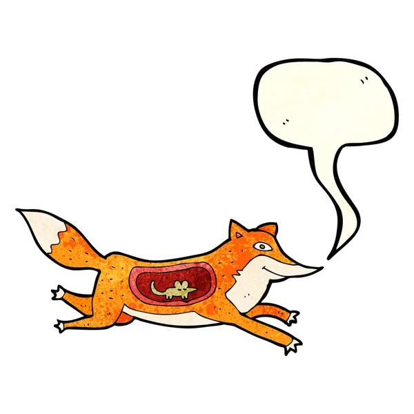 Cartoon fox met muis in buik met tekstballon — Stockvector