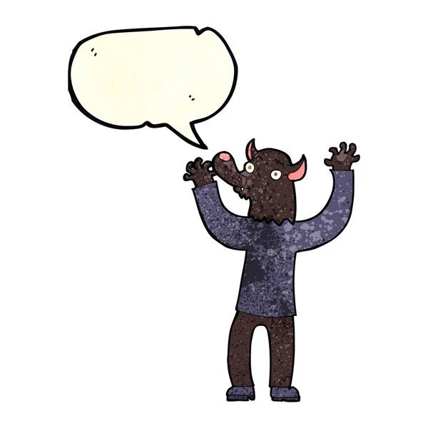 Cartone animato uomo lupo mannaro felice con la bolla discorso — Vettoriale Stock