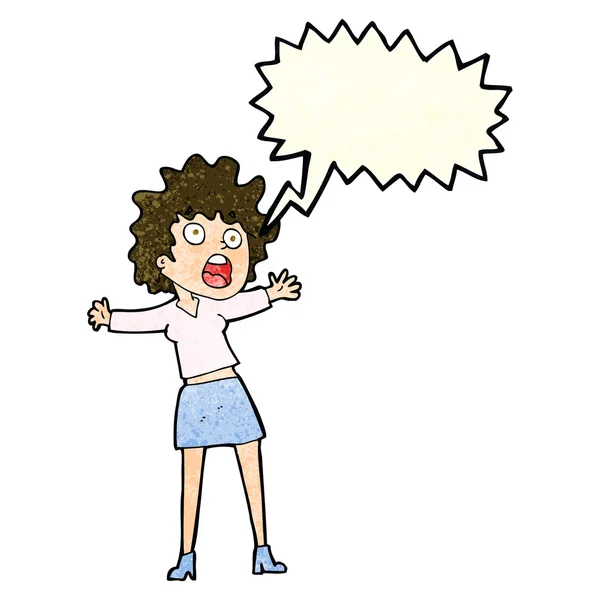 Dibujos animados mujer asustada con burbuja del habla — Vector de stock