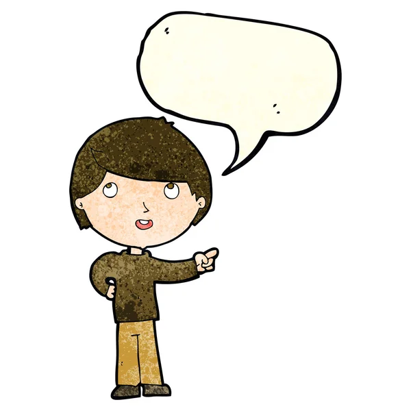 Cartoon boy pointing with speech bubble — Stock Vector