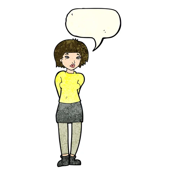 Cartoon shy woman with speech bubble — Stock Vector