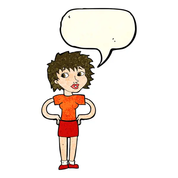 Cartoon vrouw met handen op heupen met spraakbel — Stockvector