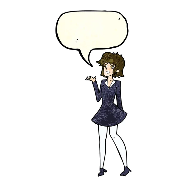 Karikatur hübsche Frau im Kleid mit Sprechblase — Stockvektor