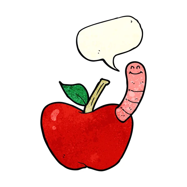 Kreslené jablko s červem a řečovou bublinou — Stockový vektor