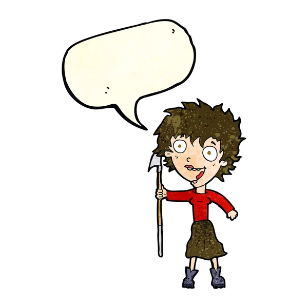 Mujer loca de dibujos animados con lanza con burbuja de habla — Archivo Imágenes Vectoriales