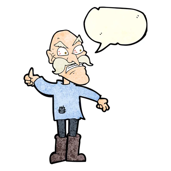 Cartoon angry old man in patched clothing with speech bubble — Stock Vector