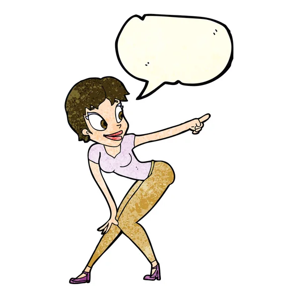 Γελοιογραφία όμορφη γυναίκα δείχνει με φούσκα ομιλία — Διανυσματικό Αρχείο