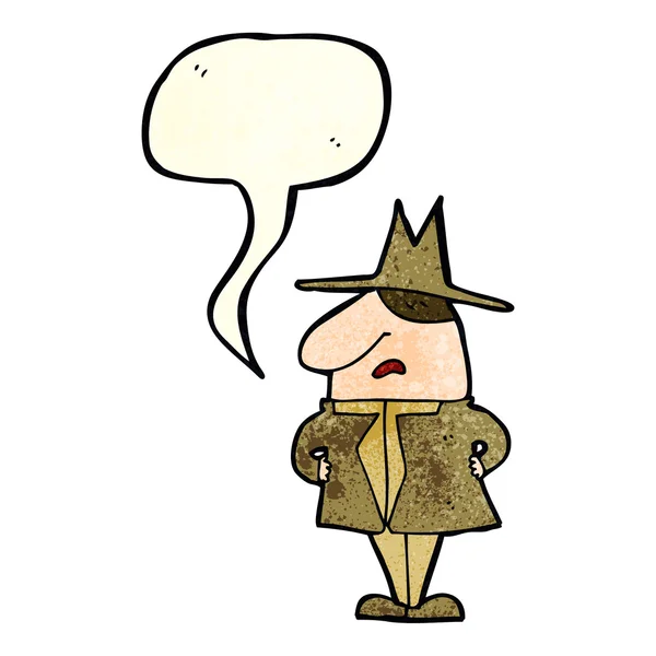 Hombre de dibujos animados en abrigo y sombrero con burbuja de habla — Vector de stock