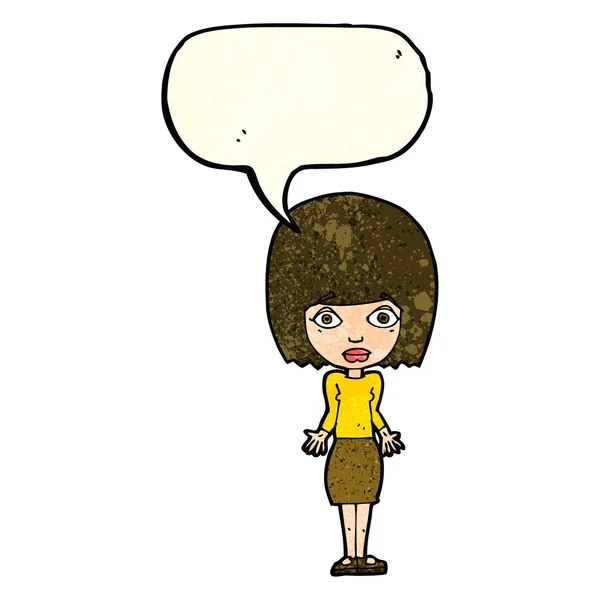 Cartoon woman shrugging shoulders with speech bubble — Stock Vector