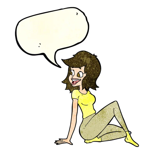 Cartoon mooie vrouw op zoek blij met tekstballon — Stockvector