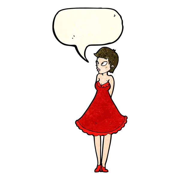 Cartoon pretty woman in dress with speech bubble — Stock Vector