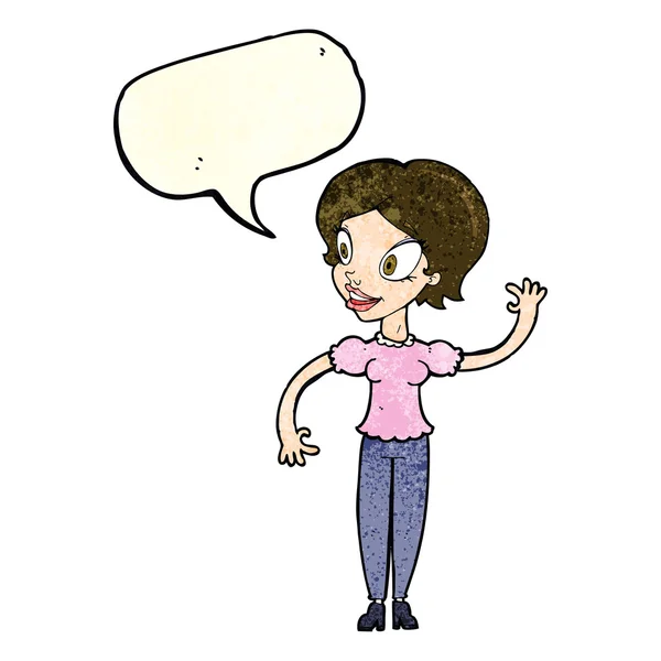 Cartoon mulher acenando com bolha de fala — Vetor de Stock
