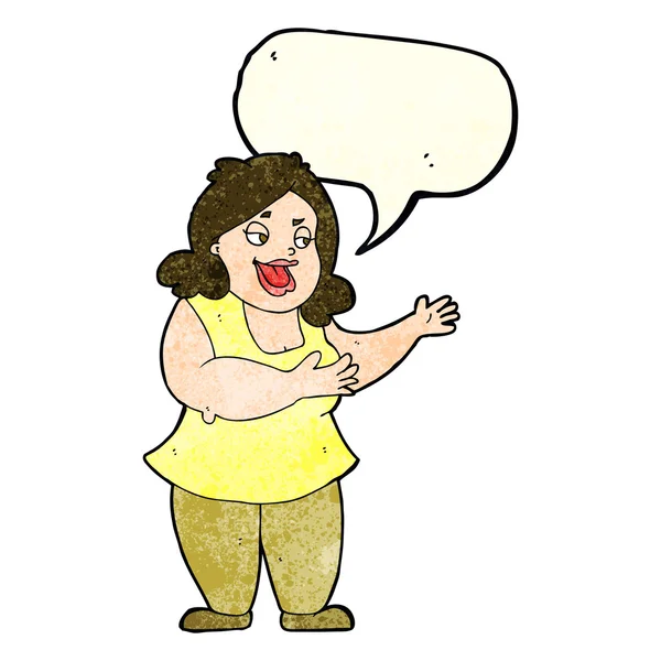 Cartoon happy fat woman with speech bubble — Stock Vector