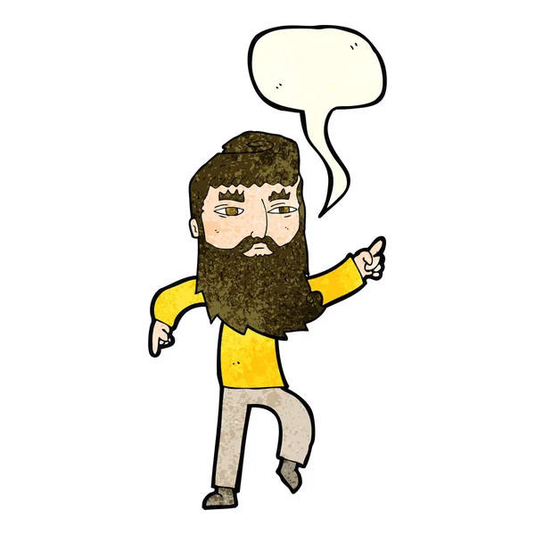 Cartoon bearded man pointing the way with speech bubble — Stock Vector