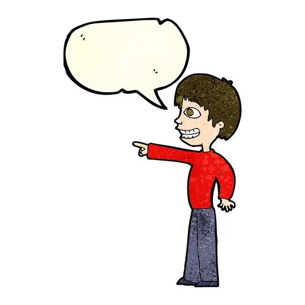 Dibujos animados sonriendo chico apuntando con el habla burbuja — Vector de stock