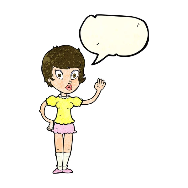 Kreslené hezká dívka mává s hlasovou bublinou — Stockový vektor