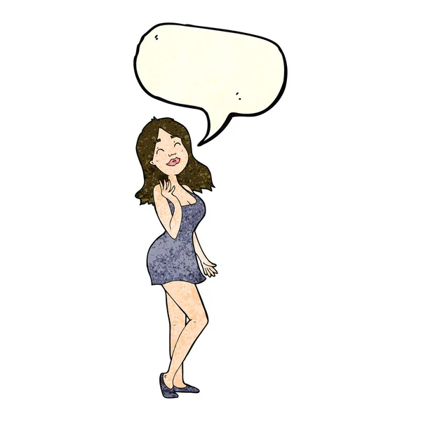 Cartone animato bella donna in abito da cocktail con bolla discorso — Vettoriale Stock