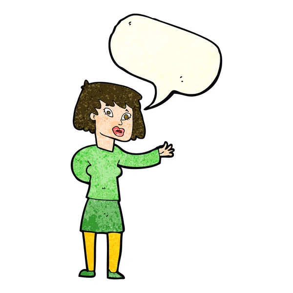 Cartoon woman explaining with speech bubble — Stock Vector