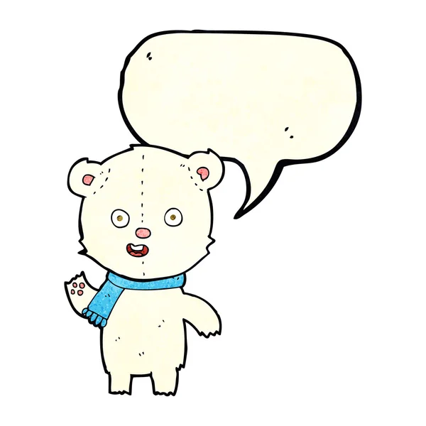 Cartoon waving polar bear cub with scarf with speech bubble — Stock Vector