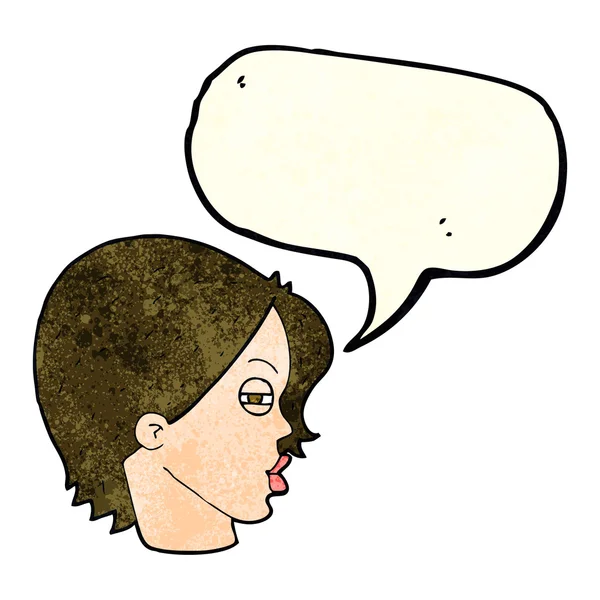 Desenho animado rosto feminino com olhos estreitados com bolha de fala —  Vetores de Stock