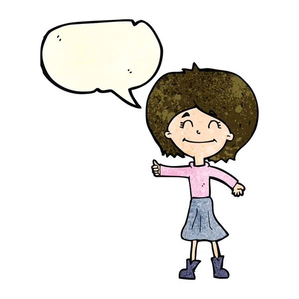 Kreslený šťastný dívka dávat palce nahoru symbol s bublinou řeči — Stockový vektor