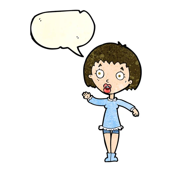 Cartoon waving woman with speech bubble — Stock Vector