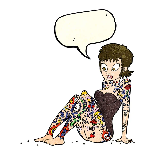 Desenho animado tatuagem menina em maiô com bolha de fala — Vetor de Stock