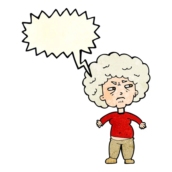 Dibujos animados molesta anciana con la burbuja del habla — Vector de stock