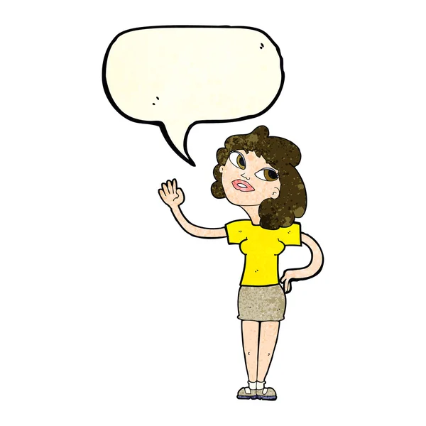 スピーチバブルで手を振っている漫画の女性 — ストックベクタ