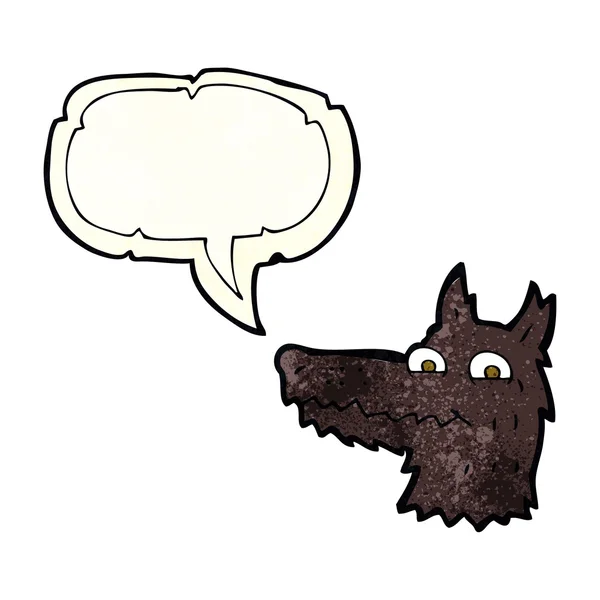 Cabeza de lobo de dibujos animados con burbuja de habla — Vector de stock