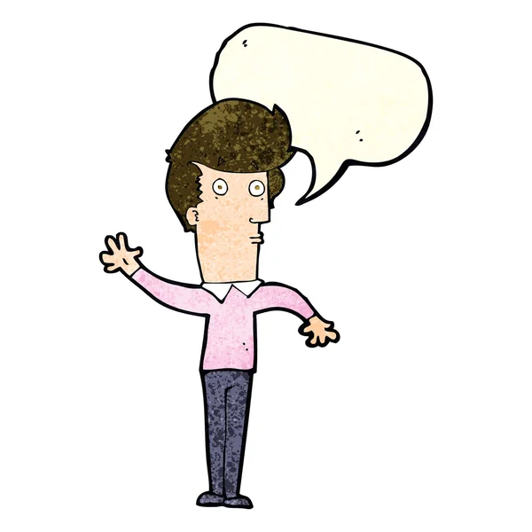 Cartoon nervous man waving with speech bubble — Stock Vector