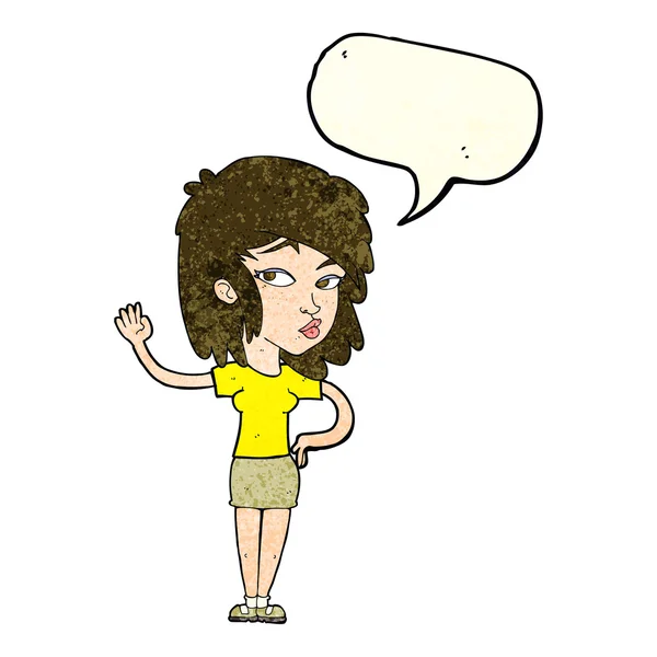 Kreskówki ładna kobieta macha z bańki mowy — Wektor stockowy