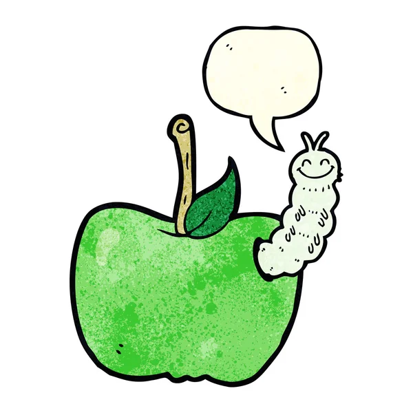 Manzana de dibujos animados con insecto con burbuja de habla — Vector de stock