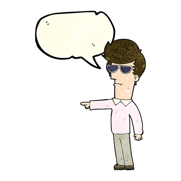 Uomo cartone animato in occhiali che punta con bolla discorso — Vettoriale Stock
