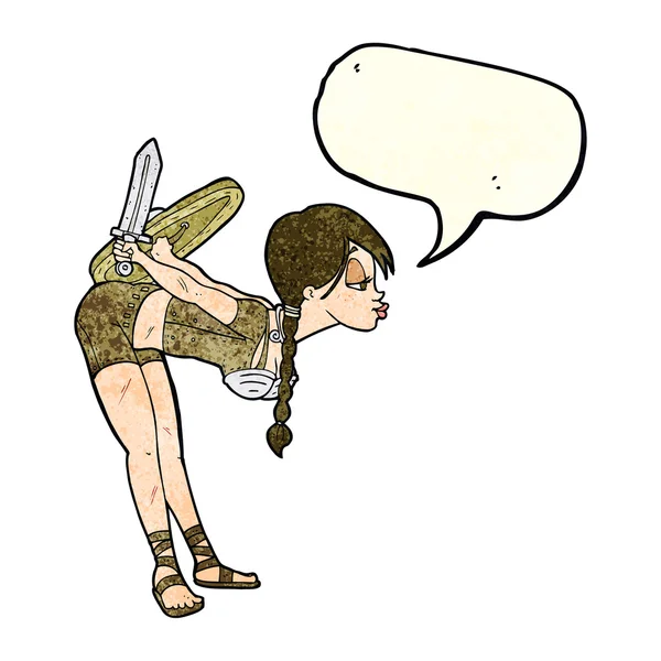 Dibujos animados vikingo chica inclinación con el habla burbuja — Vector de stock