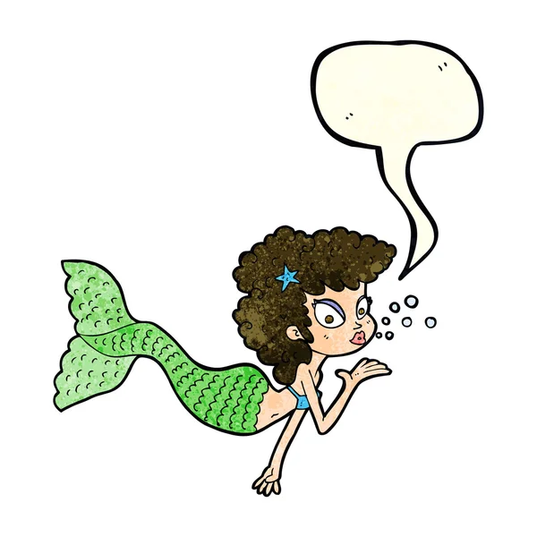Karikatur Meerjungfrau pustet Kuss mit Sprechblase — Stockvektor