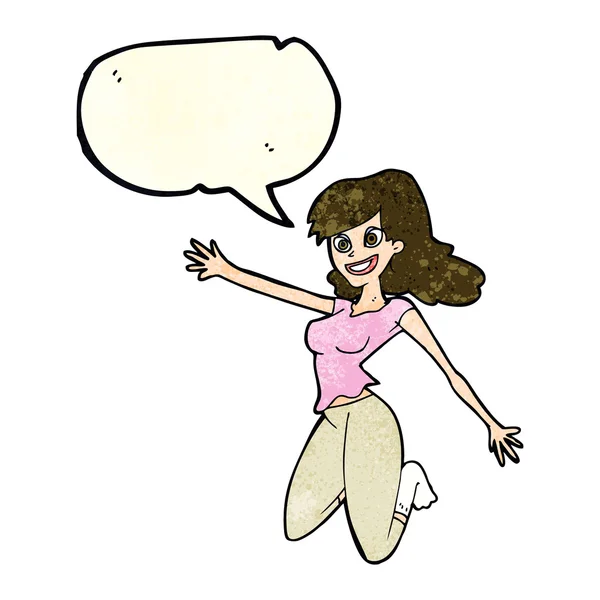 Mujer de salto de dibujos animados con burbuja del habla — Vector de stock