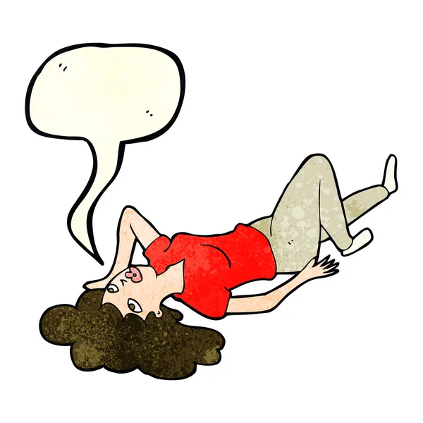 Cartoon vrouw liggen op de vloer met tekstballon — Stockvector