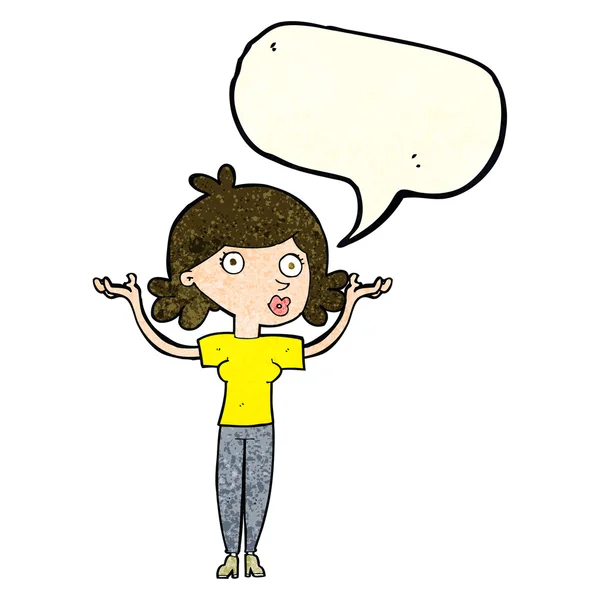 Cartoon woman throwing arms in air with speech bubble — Stock Vector