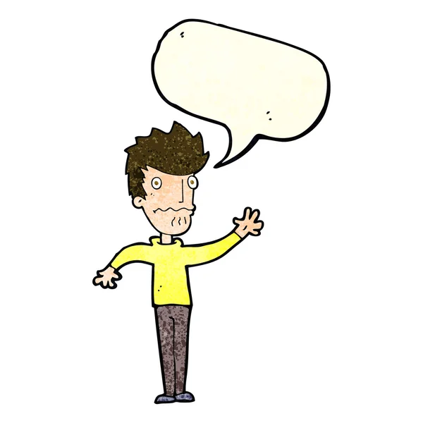Karikatur besorgter Mann greift mit Sprechblase zu — Stockvektor