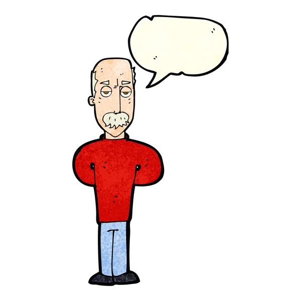 Cartoon annoyed balding man with speech bubble — Stock Vector