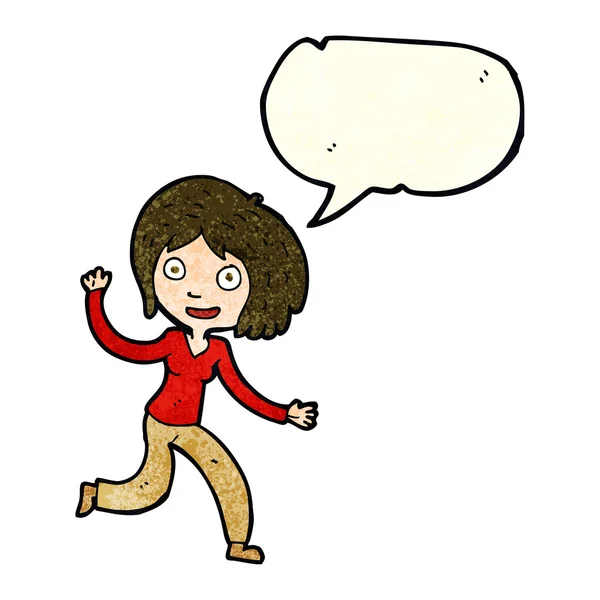Dibujos animados chica saludando feliz con burbuja de habla — Archivo Imágenes Vectoriales