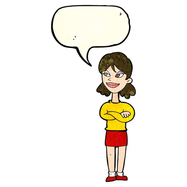 Cartoon smug woman with speech bubble — Stock Vector