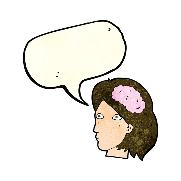 Мультяшна жіноча голова з символом мозку з бульбашкою мовлення — стоковий вектор