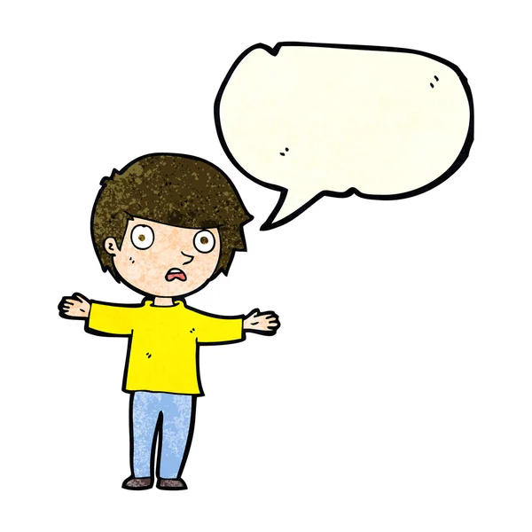 Cartoon worried boy with speech bubble — Stock Vector