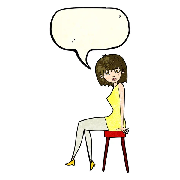 Mulher dos desenhos animados sentada no banco com bolha de fala —  Vetores de Stock