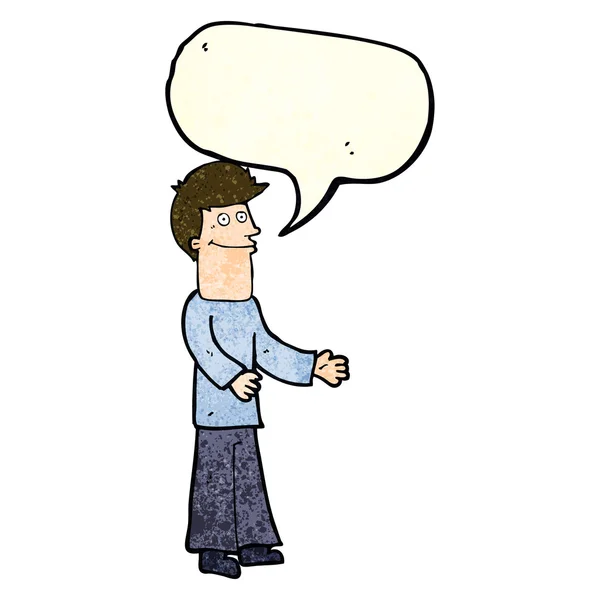 Cartoon man shrugging shoulders with speech bubble — Stock Vector