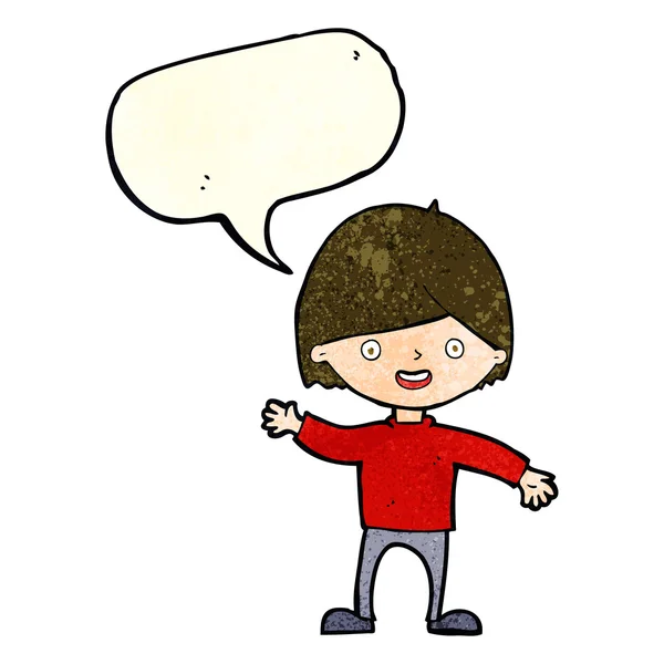 Cartoon zwaaien jongen met spraakbel — Stockvector
